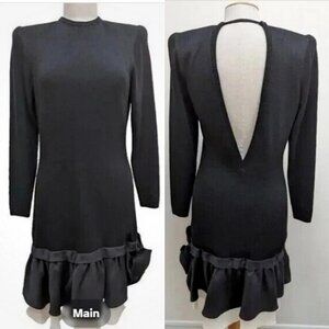 Vtg. St. John Black Sz 8 Cocktail Dress Knit Low Back Ruffle Trim & Bow